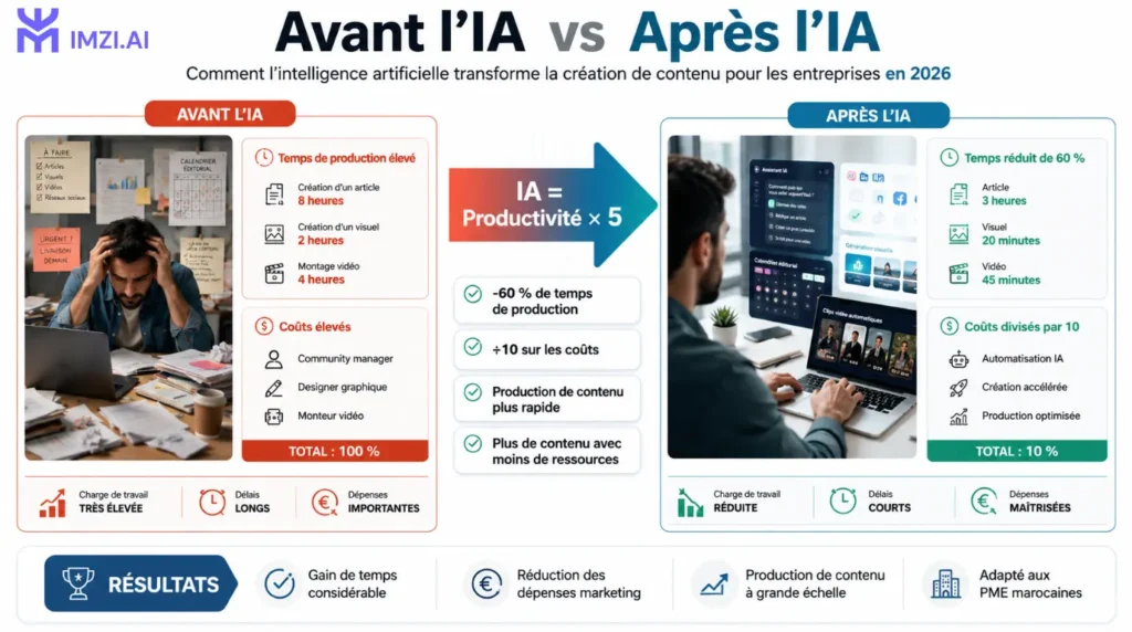 Graphique 2 colonnes "Avant IA / Après IA" montrant temps de production réduit de 60% et coûts divisés par 10