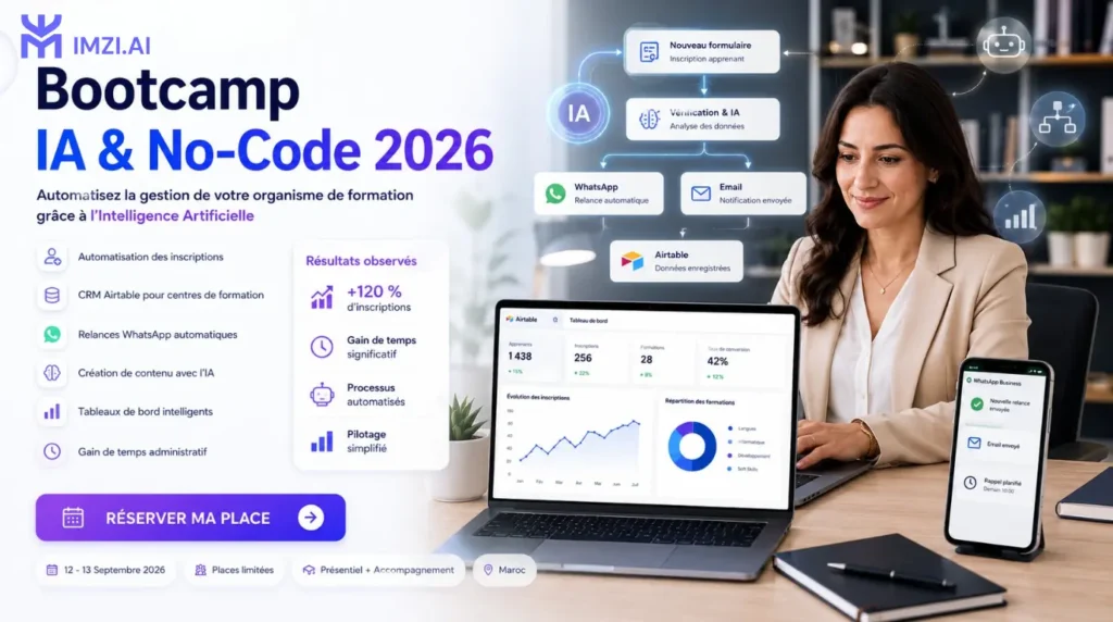 Screenshot du formulaire d'inscription ou affiche type bootcamp IMZIAI avec dates/CTA