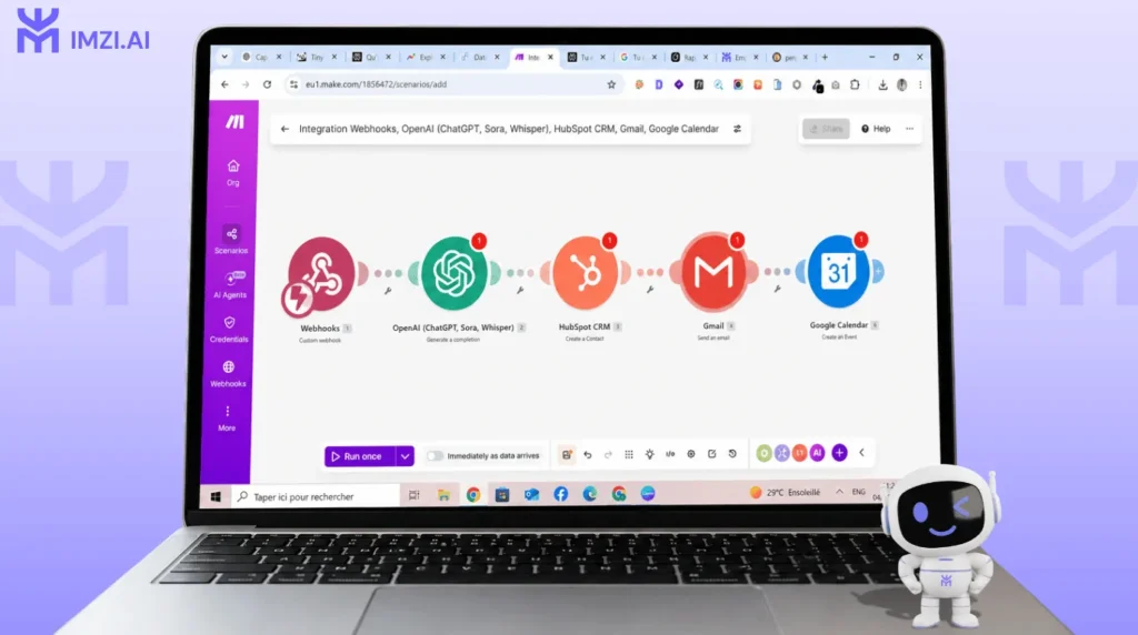Workflow Make : formulaire → GPT-4o → HubSpot → Gmail → Google Calendar