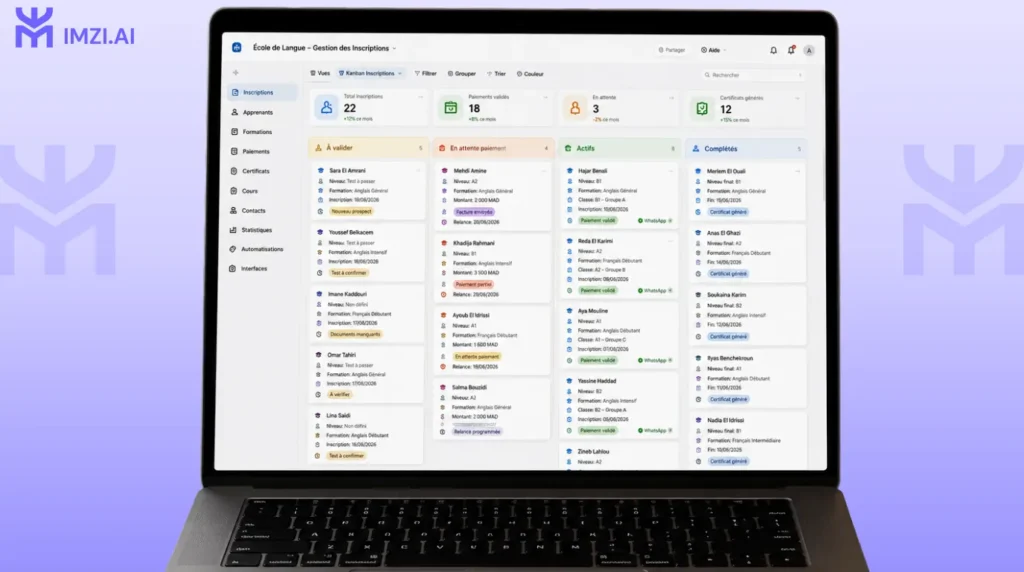 Dashboard Airtable d'une école no-code au Maroc, vue Kanban des inscriptions