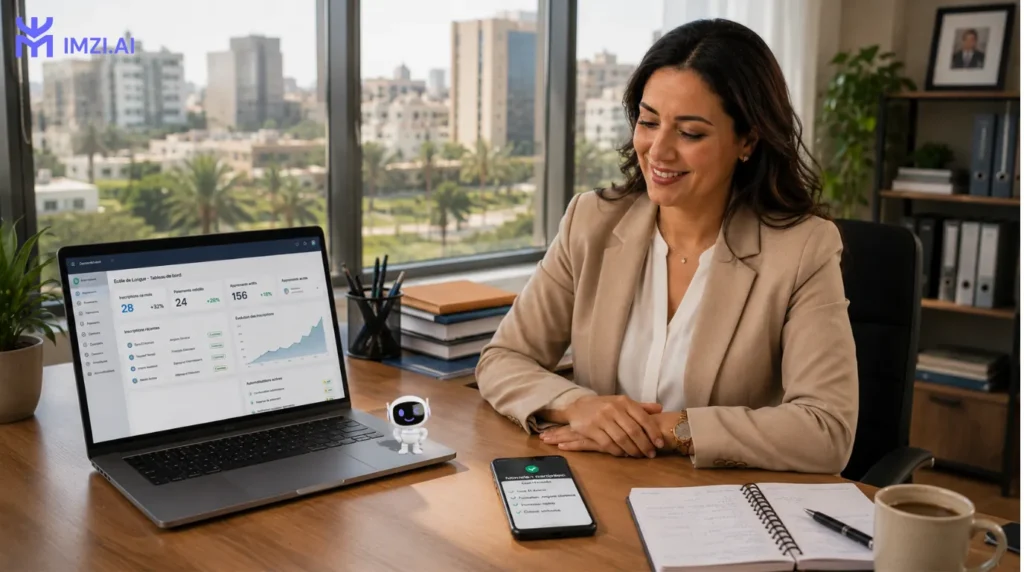 Photo d'Amina souriant, prise candide dans son bureau ; ou capture WhatsApp notification automatique de bienvenue