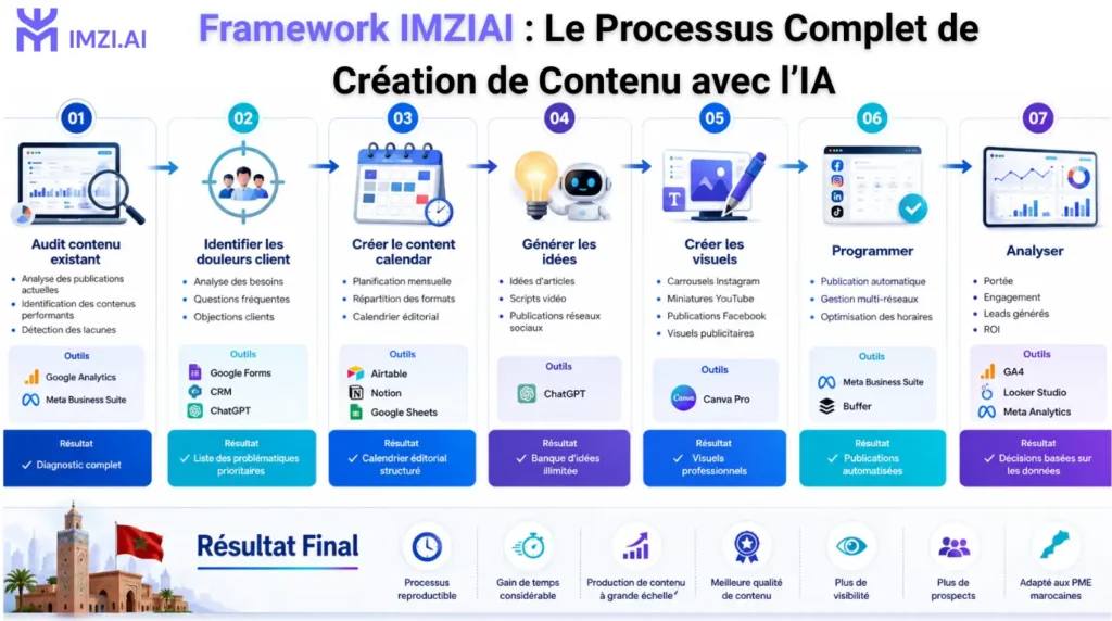 Framework contenu IA réseaux sociaux - Tableau stratégie éditoriale IMZIAI PME Maroc