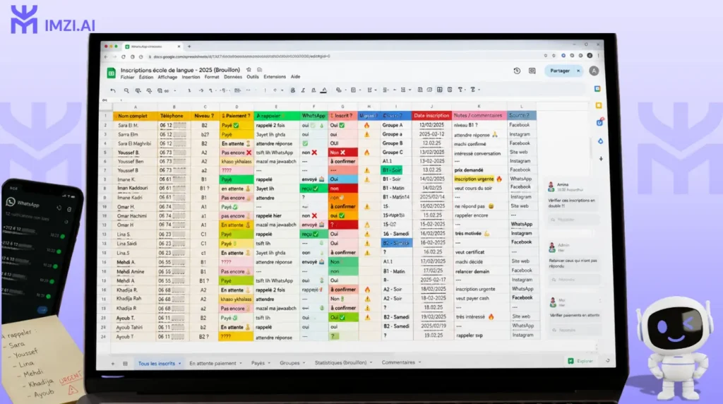 Gestion manuelle avant transformation no-code, école de langue au Maroc