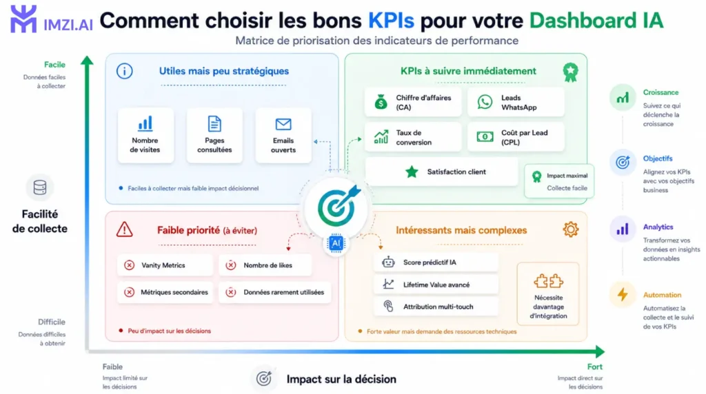Grille de sélection des KPIs : tableau à double entrée avec en colonnes 'Impact sur décision' (Faible/Fort) et en lignes 'Facilité de collecte' (Difficile/Facile), les KPIs placés dans les 4 quadrants avec couleurs correspondantes