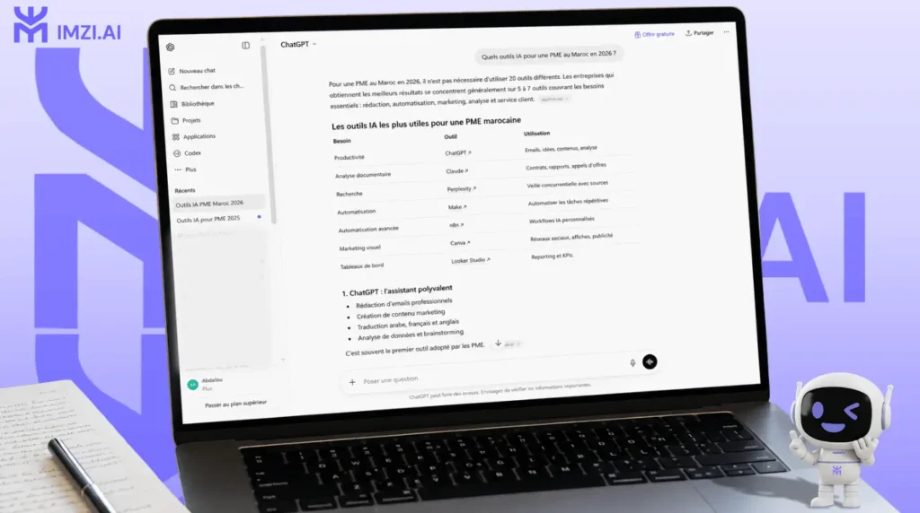 Capture d'écran ChatGPT : réponse générique à "Quels outils IA pour une PME au Maroc en 2026 ?"  