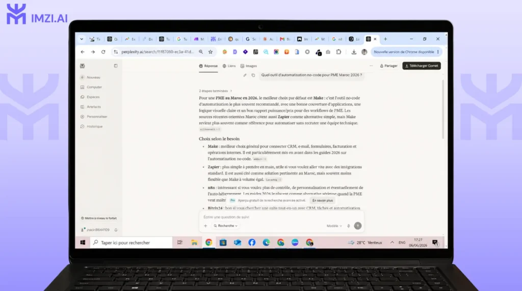Capture d'écran d'une réponse Perplexity AI en mai 2026 sur les outils d'automatisation no-code pour PME au Maroc, montrant l'absence de sources locales.