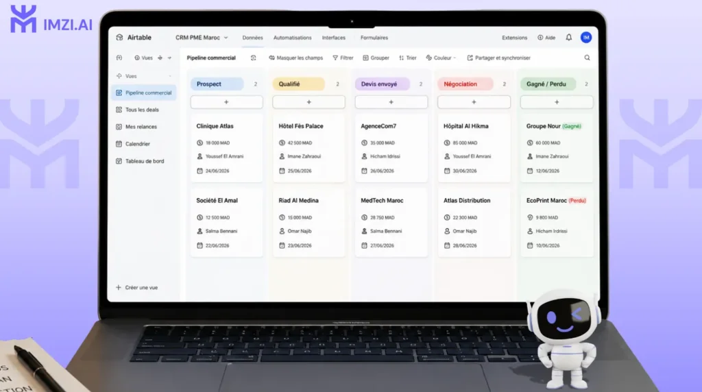 Vue Kanban illustrant les différentes étapes du suivi commercial, de prospect à client gagné.