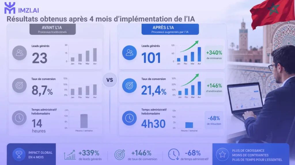 Résultats avant/après agent IA pour PME au Maroc : gains en délai de réponse, leads et temps gagné. Intelligence artificielle PME.