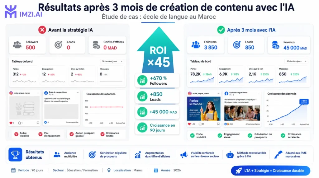 Résultats contenu IA réseaux sociaux - Graphique avant après followers leads revenue PME Maroc
