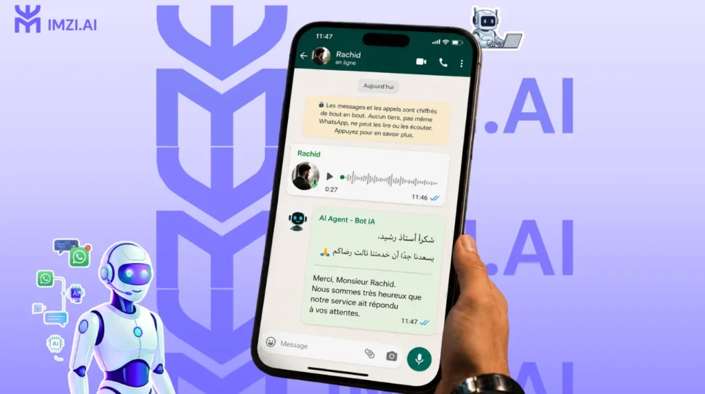 Client satisfait à Fès utilisant un agent IA WhatsApp avec réponse instantanée par note vocale, automatisation 24/7 pour entreprises au Maroc.