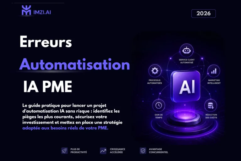 Couverture du guide 2027 présentant les 7 erreurs à éviter lors de l'automatisation d'une PME avec l'intelligence artificielle, avec des conseils pratiques pour réussir un projet IA, optimiser les processus métier et accompagner les équipes vers une transformation digitale réussie.
