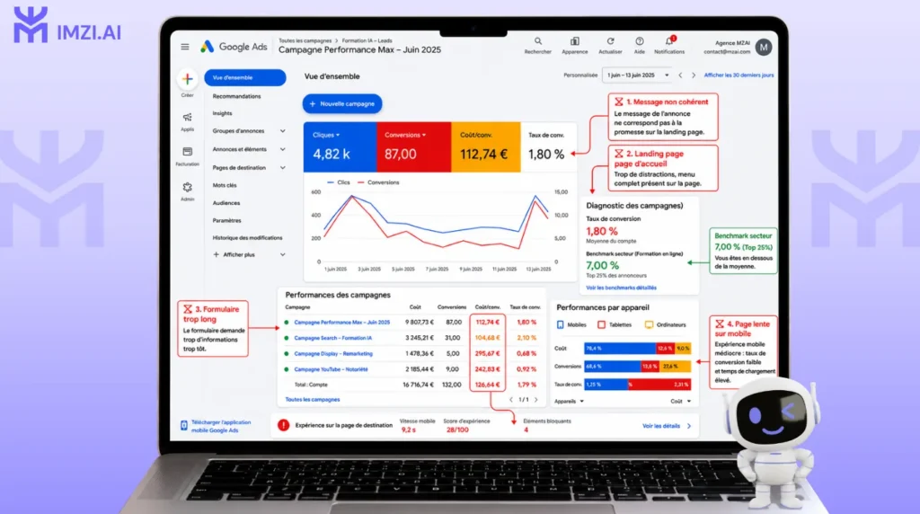 Capture d'écran d'un formulaire Google Ads montrant un compte PME marocain avec un taux de conversion de 1,8% vs benchmark secteur à 7%, avec annotation des 4 erreurs principales