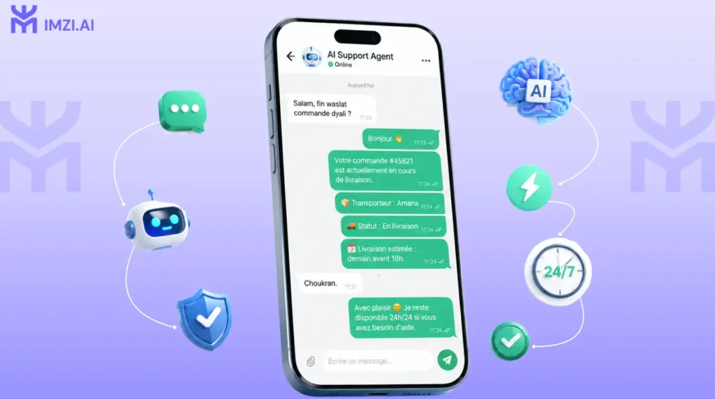 Exemple de conversation WhatsApp avec un agent IA support client répondant à une question de suivi de commande