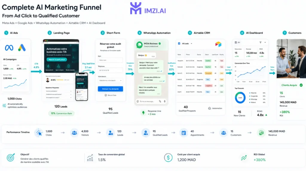 Schéma flow diagram du funnel complet IMZIAI : Annonce Meta/Google → Landing Page optimisée → Formulaire 3 champs → Bot WhatsApp qualification → CRM Airtable → Tableau de bord IA — avec flèches et métriques à chaque étape
