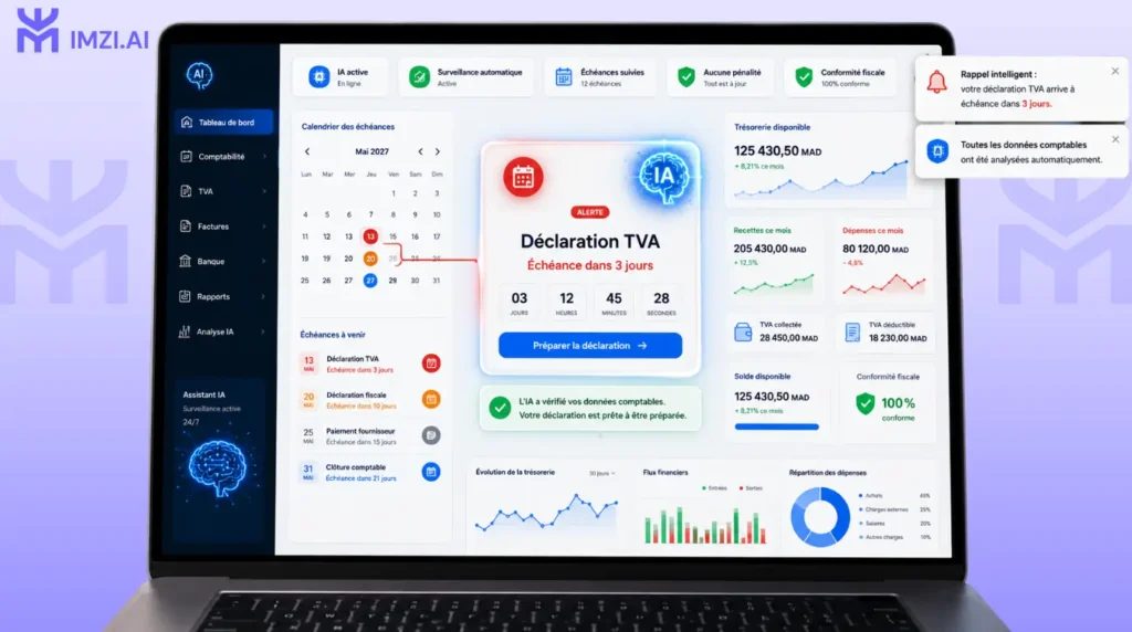 Tableau de bord financier piloté par l'intelligence artificielle affichant une alerte d'échéance de TVA, un calendrier fiscal et des rappels automatiques pour une PME.