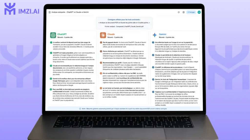 Comparaison de l’analyse d’un même document PDF par ChatGPT, Claude et Gemini avec leurs résumés affichés côte à côte.