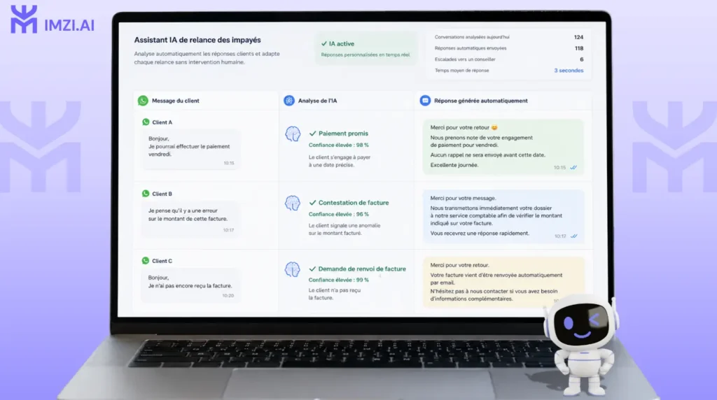 Assistant IA analysant les réponses d'un client et générant automatiquement une réponse personnalisée sur WhatsApp Business.