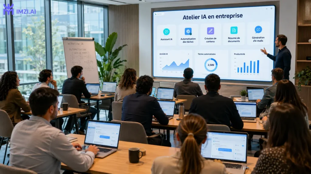 Atelier d'intelligence artificielle en entreprise réunissant une équipe de PME dans une salle de formation moderne, avec un formateur présentant des outils IA et des exercices pratiques adaptés aux métiers.