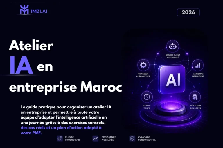 Illustration d'un atelier d'intelligence artificielle en entreprise où une équipe de PME participe à une journée de formation pratique avec un formateur, des cas d'usage réels et des outils d'IA adaptés aux métiers.
