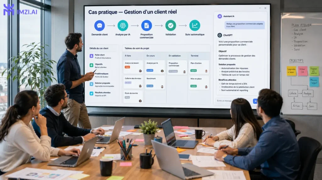Atelier pratique de formation à l'intelligence artificielle où une équipe travaille sur un cas client réel avec un workflow automatisé, un tableau Kanban et une interface SaaS collaborative destinée aux PME.
