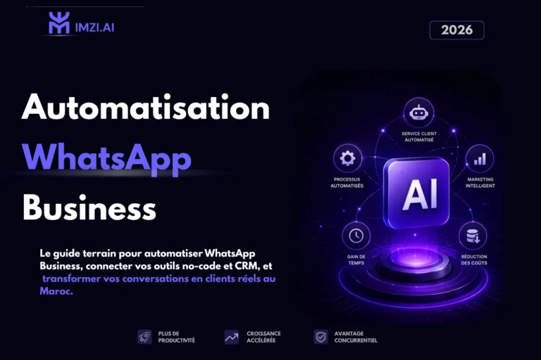 Cover automatisation WhatsApp Business Maroc 2026 : guide IMZI.AI avec icônes IA, service client automatisé et réduction des coûts