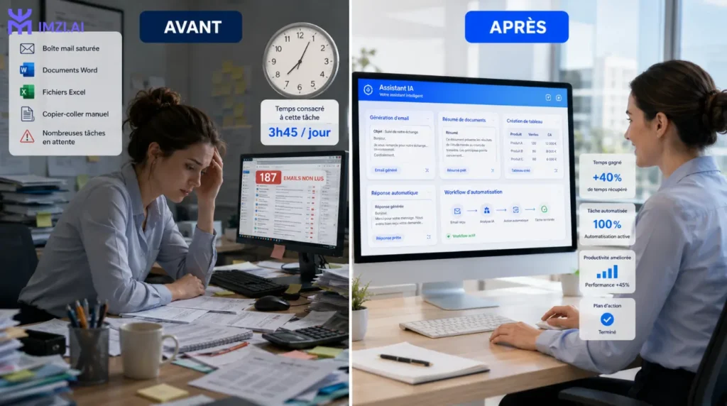 Comparaison avant et après l'automatisation d'une tâche grâce à un atelier IA en entreprise, montrant le gain de productivité obtenu par une équipe de PME à l'aide d'un assistant d'intelligence artificielle.