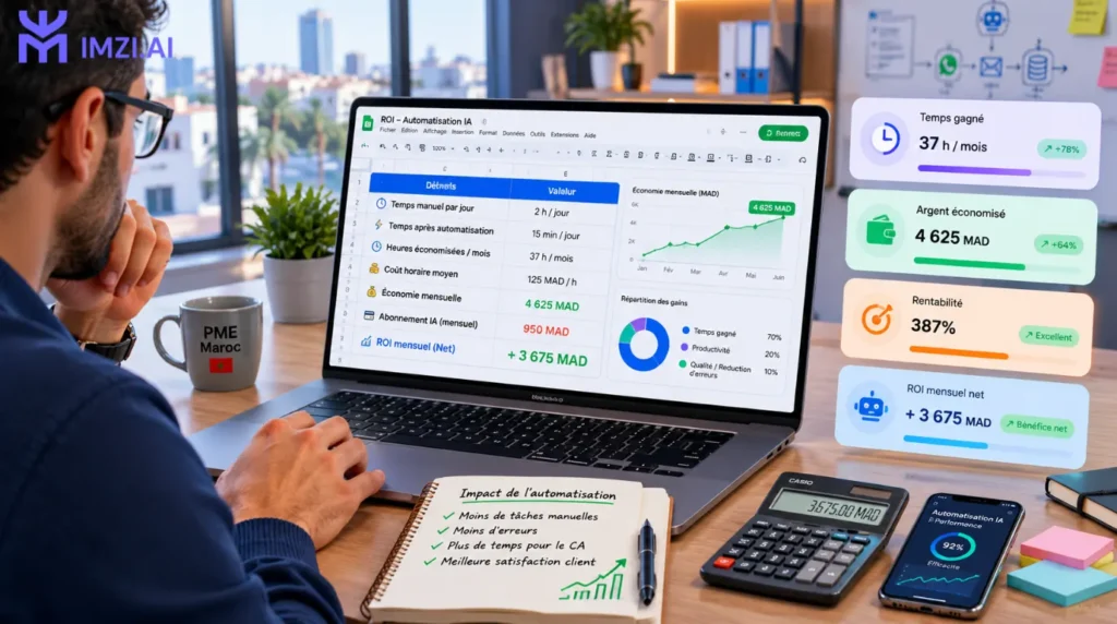 Calcul du retour sur investissement (ROI) d'un projet d'automatisation IA pour une PME marocaine avec tableau de bord des économies réalisées.