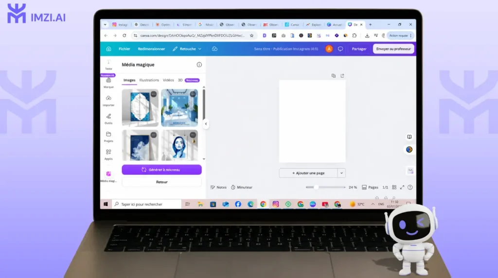 Interface de Canva Magic Media générant plusieurs propositions de visuels IA à partir d'un prompt pour créer un contenu professionnel.
