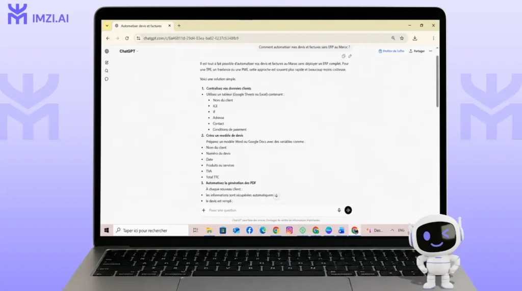 test live sur ChatGPT  avec la question "comment automatiser mes devis et factures sans ERP au Maroc" pour observer quelles sources sont citées en 2026.
