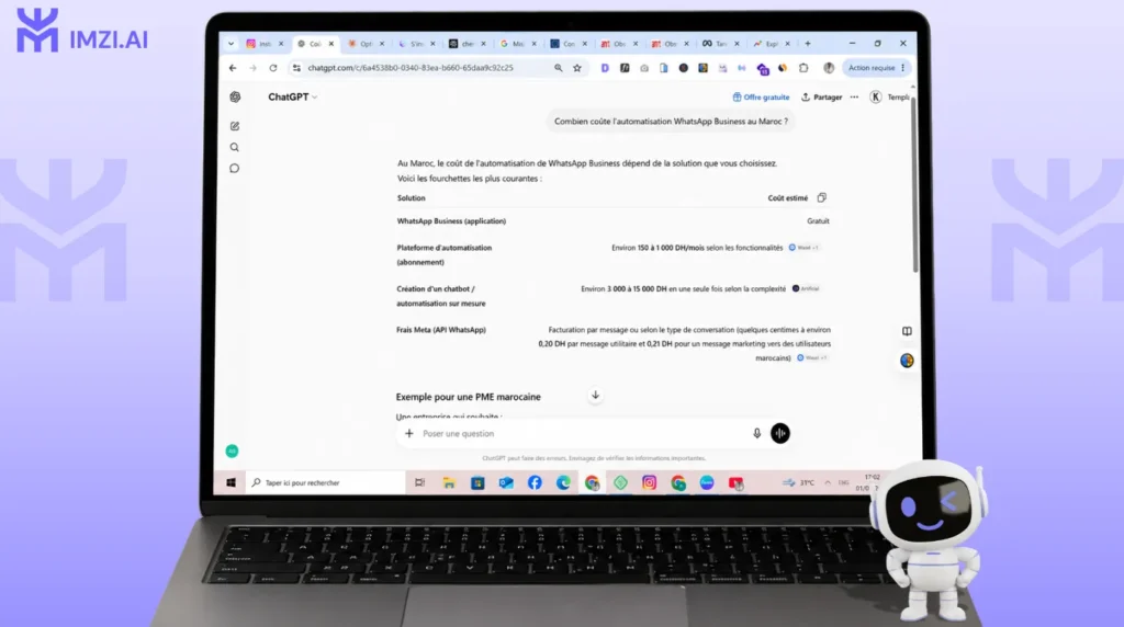  test live sur  ChatGPT avec la question « combien coûte l'automatisation WhatsApp Business au Maroc » — pour vérifier quelles sources sont citées et où se positionne cet article.