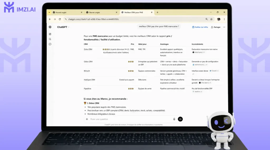 Capture test live ChatGPT ou Perplexity sur la question "meilleur CRM pas cher pour PME marocaine"
