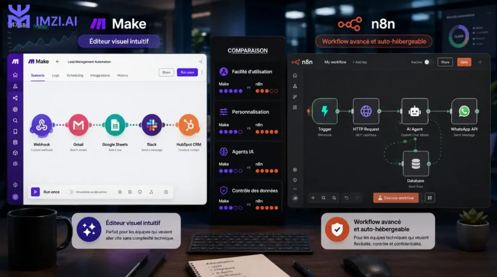 Comparaison entre les éditeurs visuels de Make et n8n illustrant la création de workflows d'automatisation, les intégrations et les agents IA.