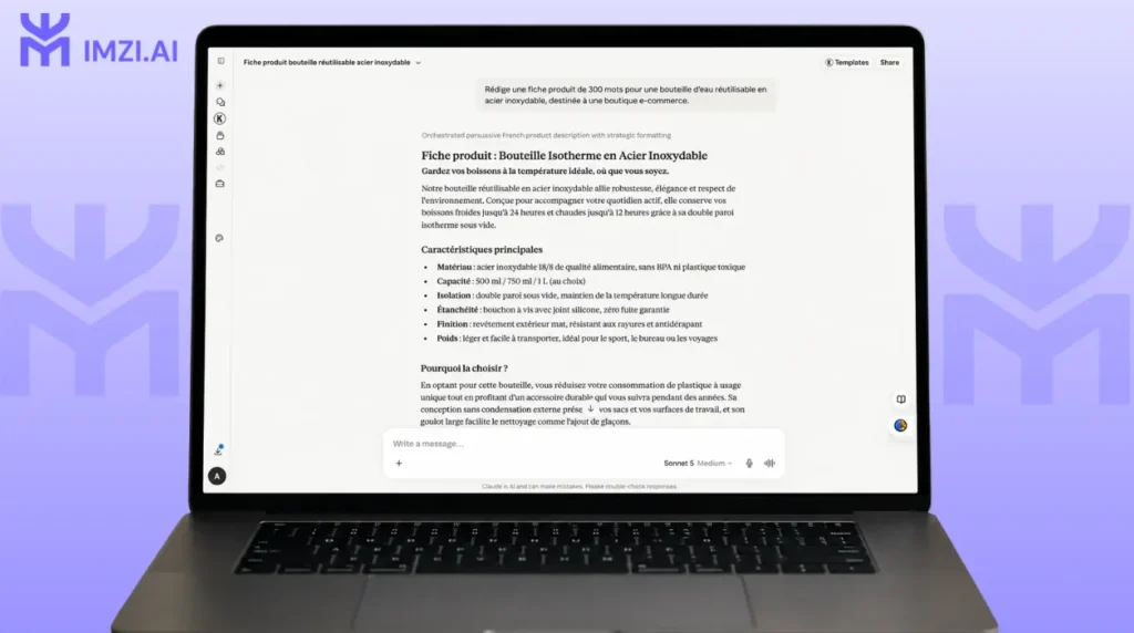 Comparaison côte à côte des réponses de Claude à un même prompt de rédaction d’une fiche produit de 300 mots.