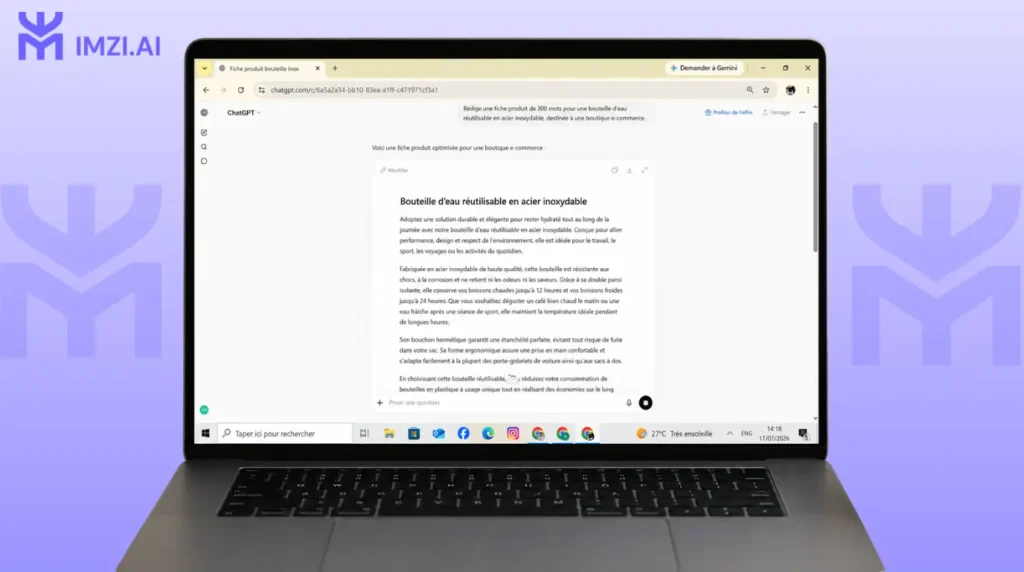 Comparaison côte à côte des réponses de ChatGPT, Claude et Gemini à un même prompt de rédaction d’une fiche produit de 300 mots.