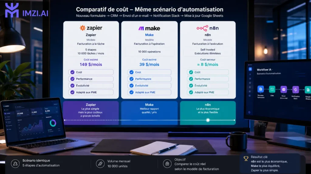 Comparatif des coûts d'un même scénario d'automatisation sur Make, Zapier et n8n, montrant les différences de facturation pour une PME marocaine.