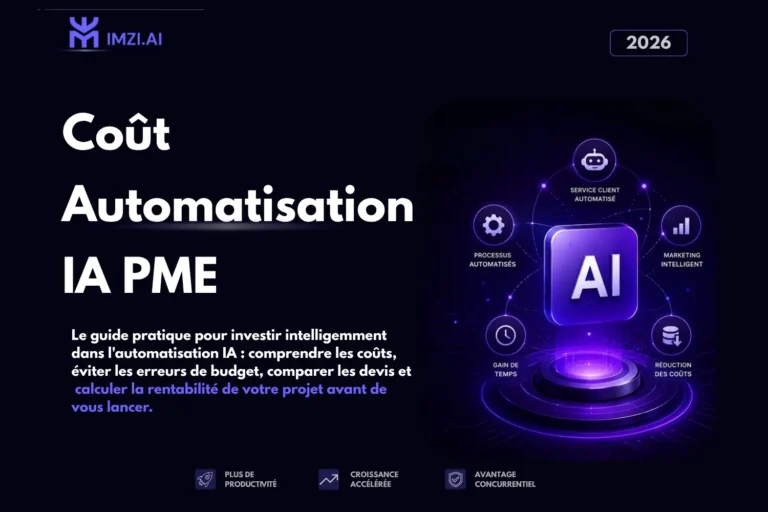 Couverture du guide 2027 sur le coût de l'automatisation IA pour une PME au Maroc, présentant les principaux postes de dépenses, le calcul du retour sur investissement (ROI) et les conseils pour estimer le budget d'un projet d'intelligence artificielle.