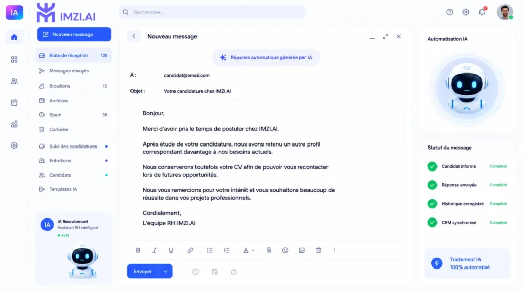 Exemple d'e-mail de refus de candidature généré automatiquement par une intelligence artificielle pour améliorer l'expérience candidat et automatiser le recrutement en PME.