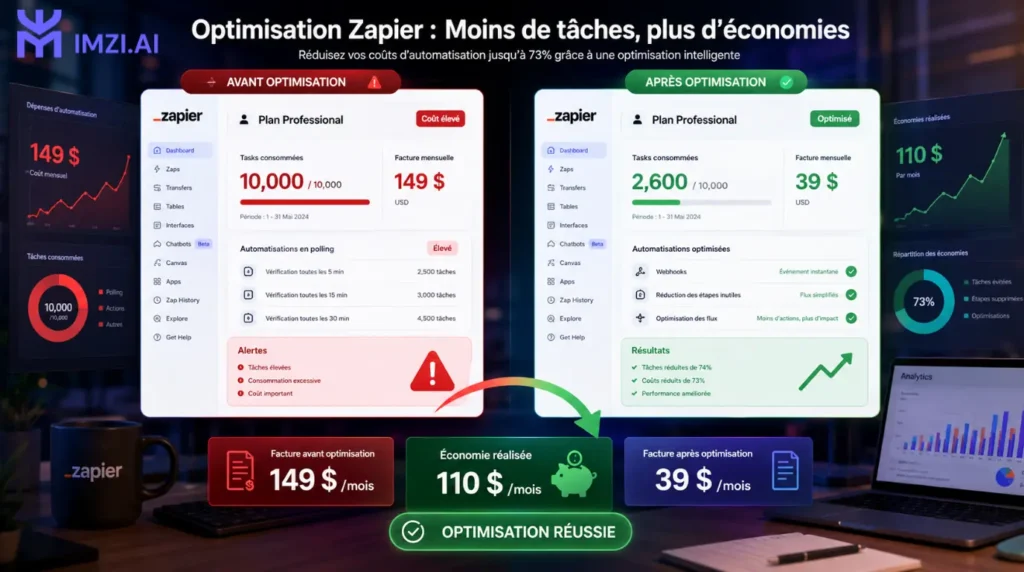 Comparaison d'une facture Zapier avant et après l'optimisation d'un workflow d'automatisation, illustrant la réduction des coûts grâce à une meilleure configuration.