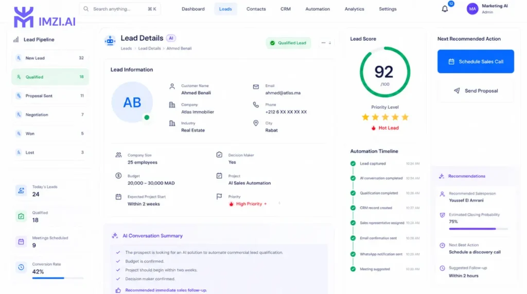 Fiche prospect créée automatiquement dans un CRM après la qualification par un agent IA commercial, avec le score du lead, les informations du client et les actions de suivi.