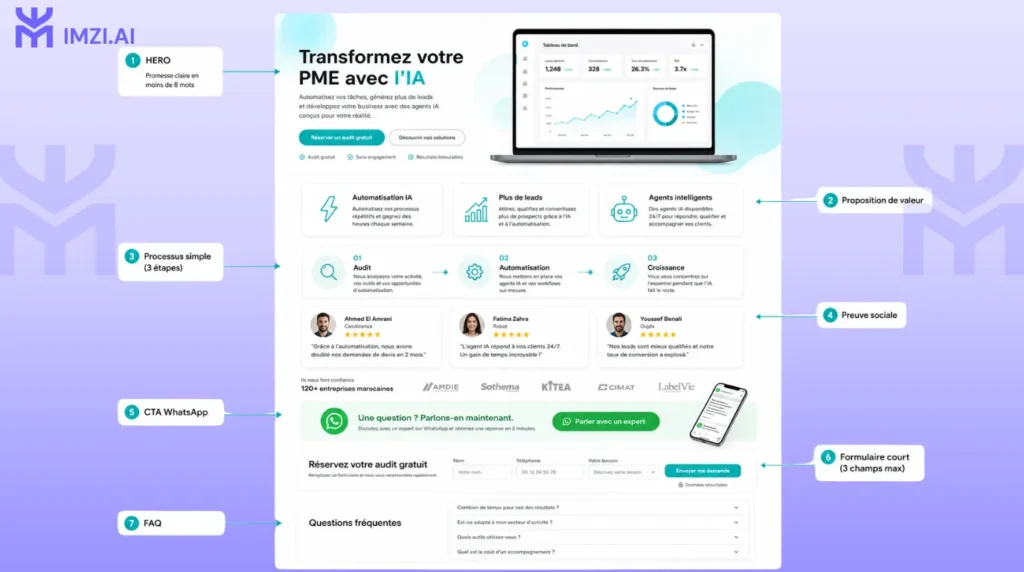 Schéma visuel d'une landing page idéale pour PME marocaine, avec 7 zones annotées : Hero Section, Proposition de valeur, Preuve sociale, CTA principal, Section WhatsApp, Formulaire court, 
