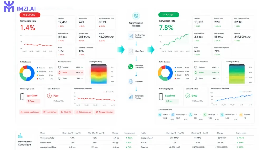 Capture d'écran d'un tableau de bord Google Analytics 4 montrant avant/après optimisation d'une landing page PME marocaine : taux de conversion passé de 1,4% à 7,8% après restructuration funnel — données anonymisées