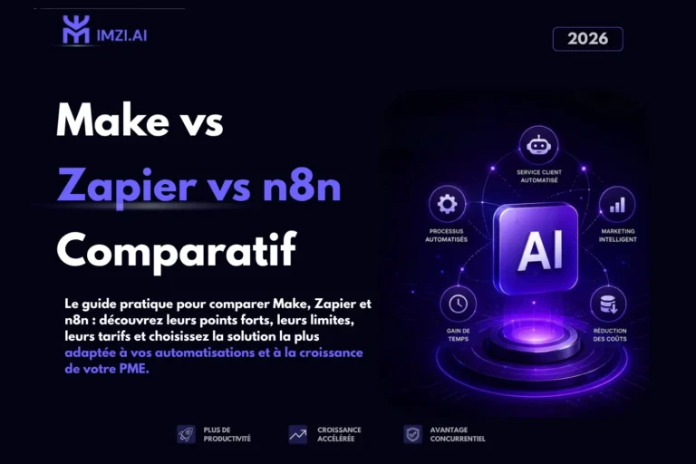 Couverture du comparatif 2027 entre Make, Zapier et n8n pour les PME marocaines, présentant les meilleures plateformes d'automatisation no-code pour créer des workflows, réduire les coûts et optimiser les processus métier.
