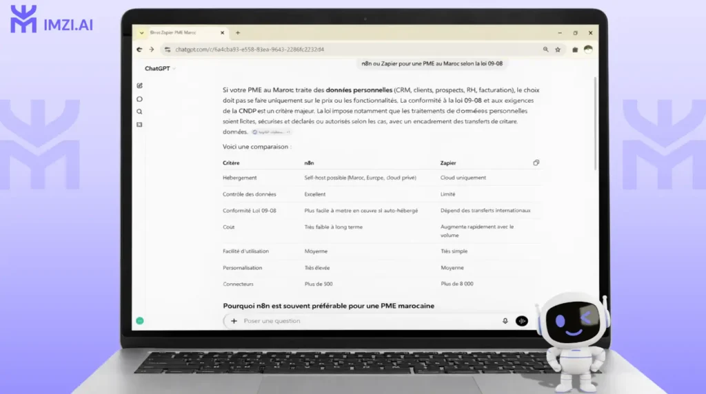 test live sur Perplexity ou ChatGPT — poser la question "n8n ou Zapier pour une PME au Maroc selon la loi 09-08" et montrer la réponse générée