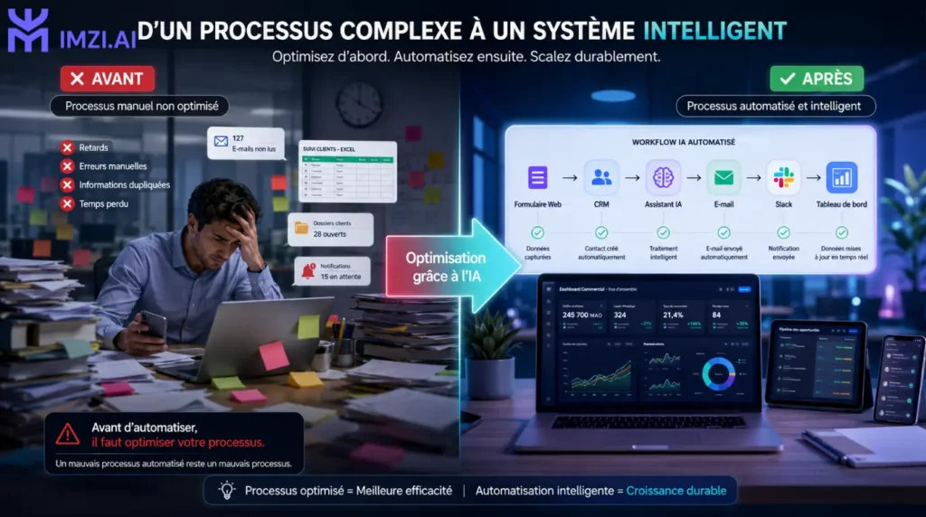 Comparaison entre un processus manuel désorganisé et un processus optimisé puis automatisé grâce à l'intelligence artificielle dans une PME.