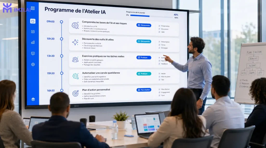 Programme d'une journée d'atelier IA en entreprise présentant les différentes étapes de formation, des bases de l'intelligence artificielle aux ateliers pratiques et au plan d'action pour les équipes de PME.