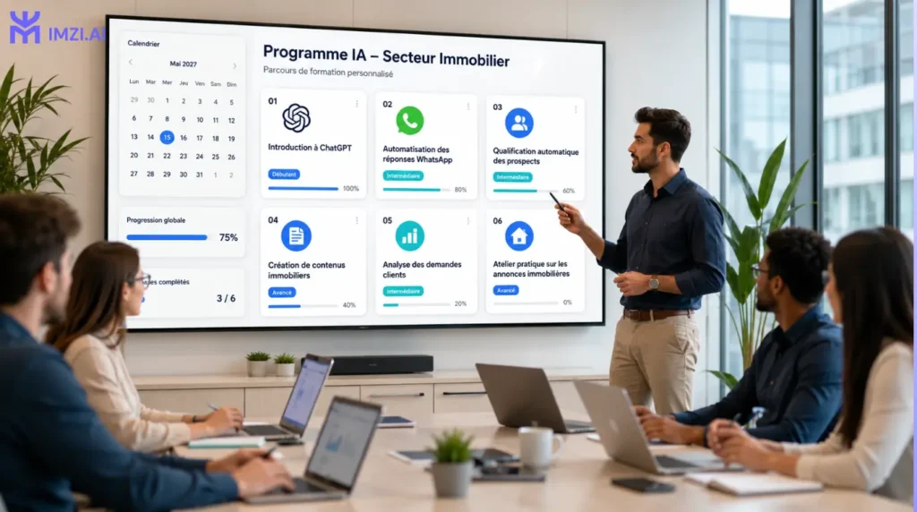 Programme de formation en intelligence artificielle personnalisé pour une PME du secteur immobilier, présentant les modules de formation, les niveaux de progression et un planning interactif dans une interface SaaS moderne.