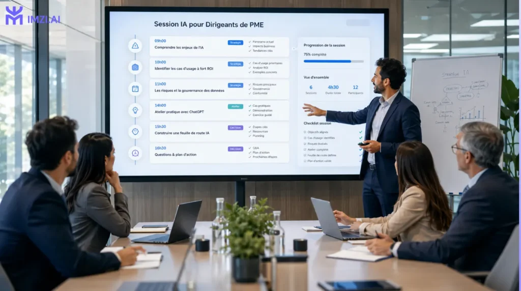 Programme d'une session de formation en intelligence artificielle destiné aux dirigeants de PME, présentant l'agenda, les modules stratégiques et les ateliers pratiques dans une salle de réunion moderne.