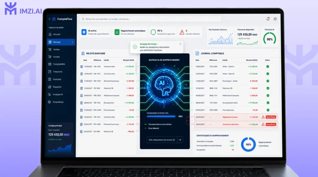 Interface de rapprochement bancaire automatisé par intelligence artificielle reliant les opérations bancaires aux écritures comptables et détectant les écarts à vérifier.