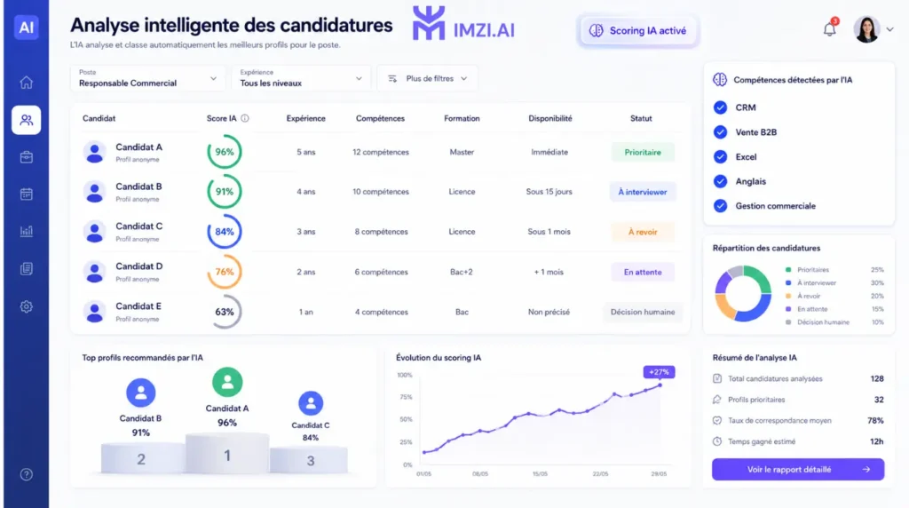 Tableau de scoring de CV par intelligence artificielle permettant de classer automatiquement les candidatures selon leurs compétences et leur adéquation avec un poste dans une PME marocaine.