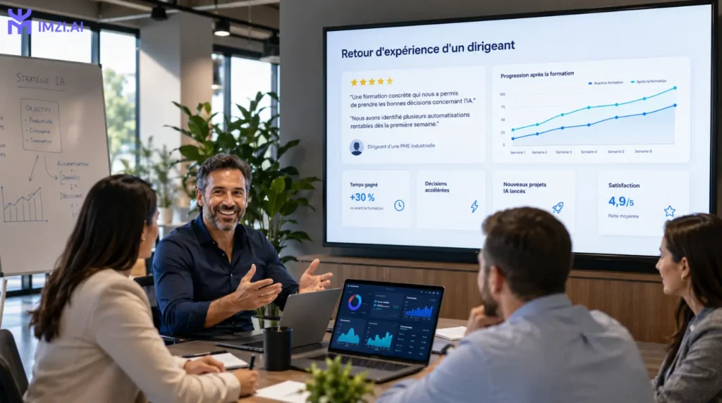 Dirigeant de PME partageant son retour d'expérience après une formation en intelligence artificielle, avec des indicateurs de satisfaction, de productivité et de prise de décision stratégique.